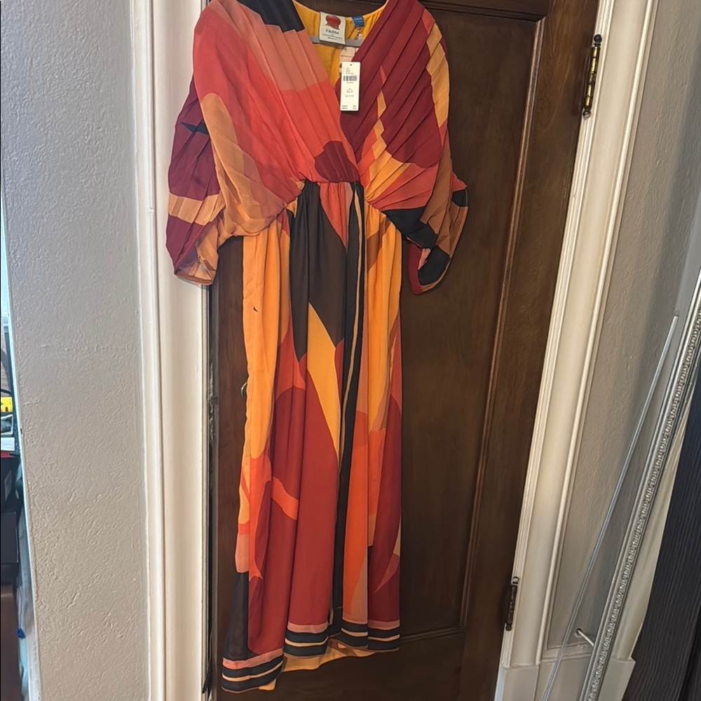 Farm Rio for Anthropologie Orange and Red Mid Dress with Bishop Sleeves